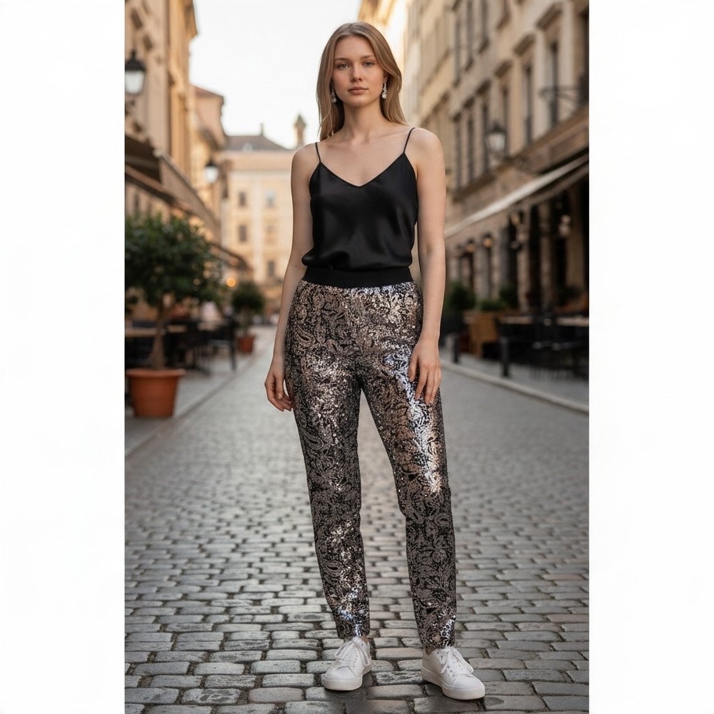 165.  Anthropologie Porridge Pascaline Crisp Silver Sequined Pants XS Party NWT